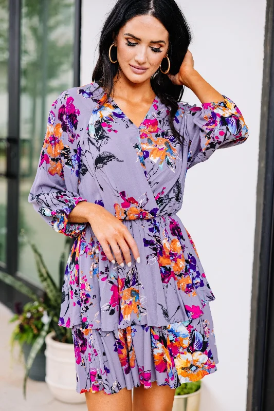 Women's floral dress rhinestone -Influenced By Florals Lilac Gray Floral 3/4 Sleeve Dress