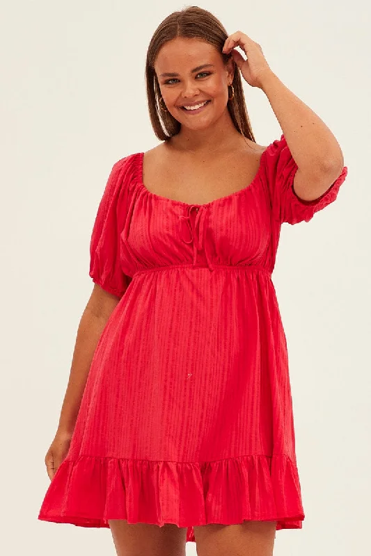 Women's flare dress pearl -Red Fit And Flare Dress Short Sleeve Ruched Bust