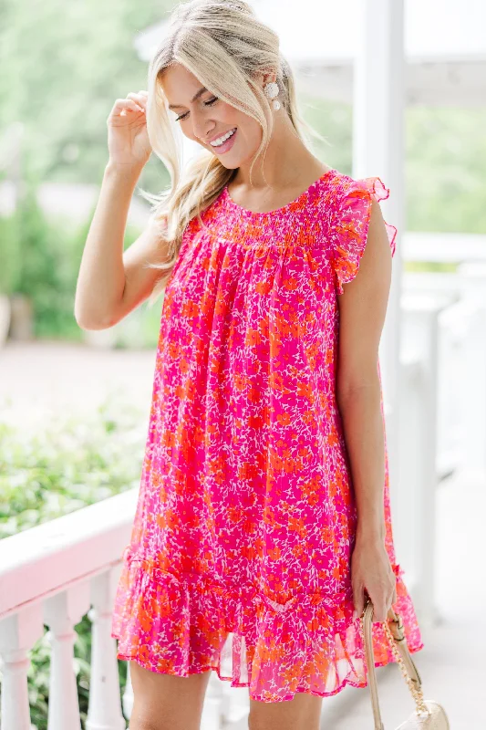 Women's floral dress avant-garde -Lovely New Days Hot Pink Ditsy Floral Dress