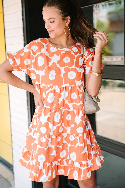 Women's floral dress casual -See You Now Orange Floral Babydoll Dress