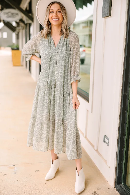 Women's floral dress denim -All Worth It Sage Green Ditsy Floral Midi Dress