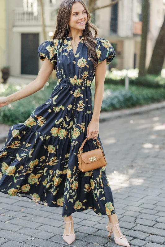 Women's floral dress travel -Always On My Mind Black Floral Midi Dress