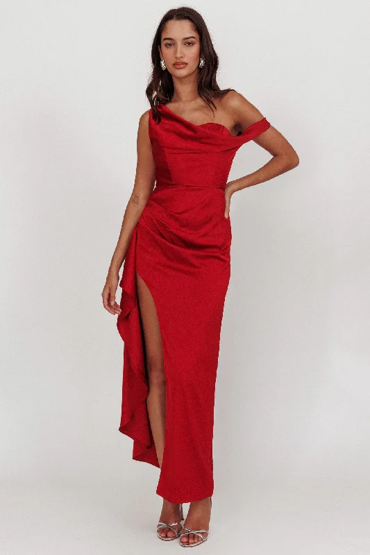 ladies-maxi-dress-ruffle-trail-Sensations Off Shoulder Satin Maxi Dress Red