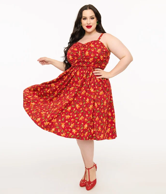 Women's flare dress girly -Miss Lulo Plus Size 1950s Red Gingerbread Man Print Eden Fit & Flare Dress