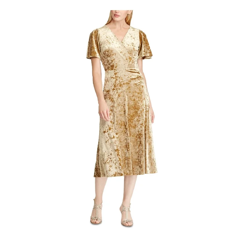 Women's flare dress petite -Ralph Lauren Womens Gold Velvet Short Sleeve V Neck Below The Knee Fit + Flare Evening Dress Size 6 Gold Size 6