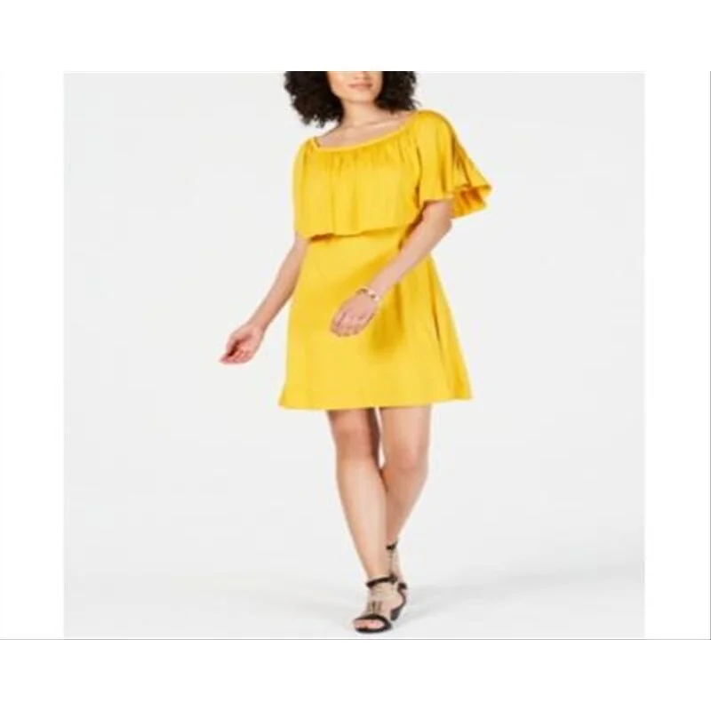 Women's flare dress boho -Thalia Sodi Women's Cap Sleeve Crew Neck Short Fit Flare Evening Dress Yellow Size Medium