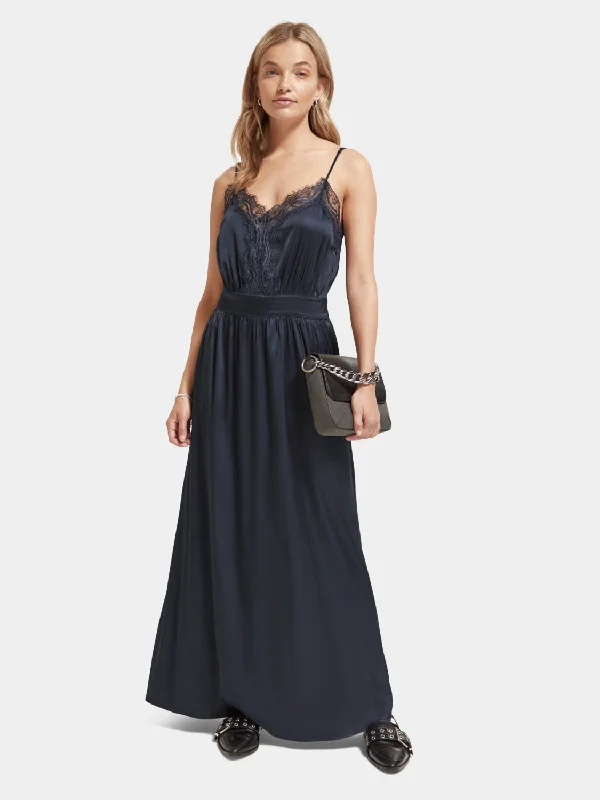 ladies-maxi-dress-ruffle-trail-Lace camisole maxi dress