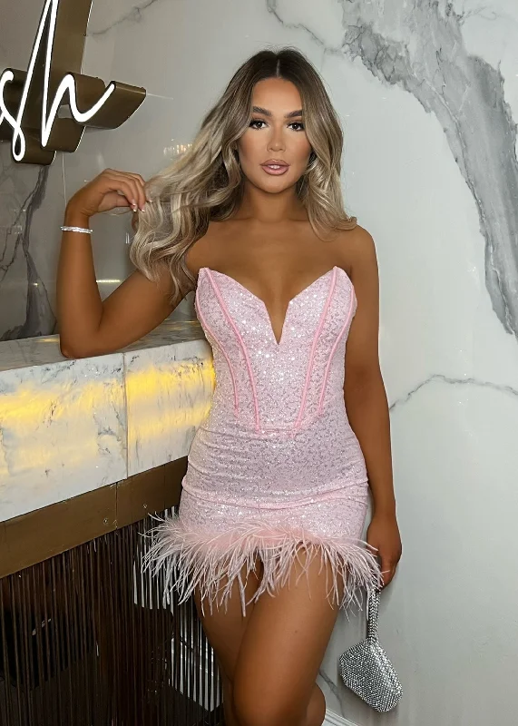 ladies-mini-dress-high-waist-chic-Princess Vibes Sequin Feather Mini Dress - Pink