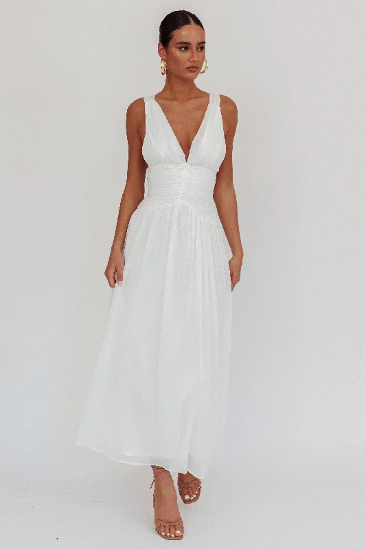 ladies-maxi-dress-berry-flow-Sammi Ruched Waist Tied Back Maxi Dress White