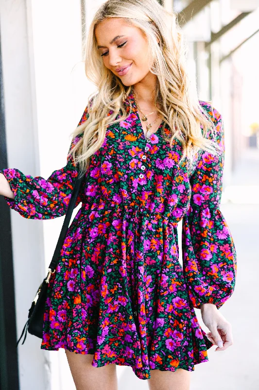 Women's floral dress puff sleeve -Spend Some Time Black Ditsy Floral Dress