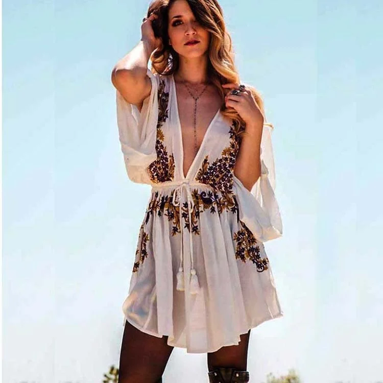 ladies-mini-dress-summer-breeze-Floral Embroidery boho mini dress