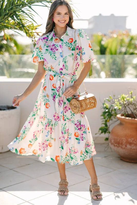 Women's floral dress feminine -Give You Everything Ivory White Floral Midi Dress