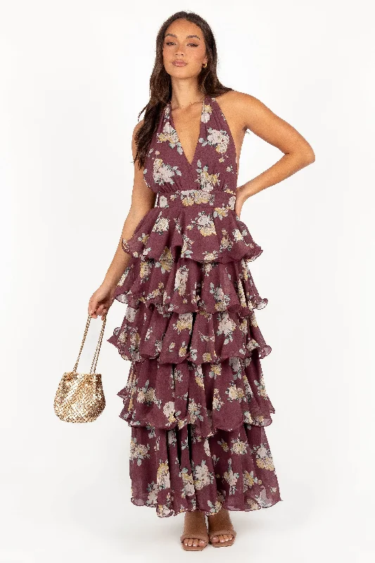 ladies-maxi-dress-tulle-drape-Kendall Maxi Halterneck Dress - Dark Wine