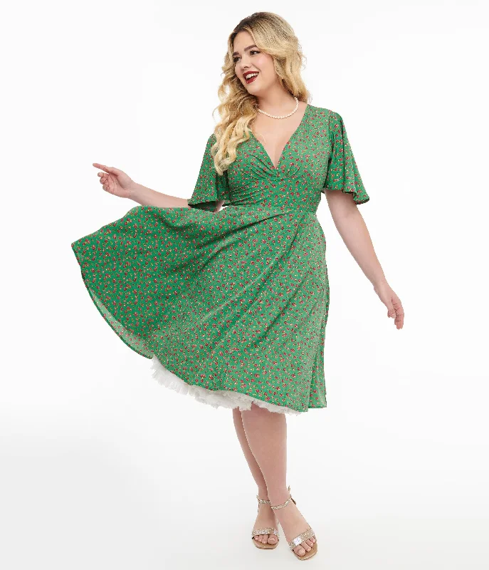 Women's flare dress bright -1950s Green & Pink Rose Fit & Flare Dress