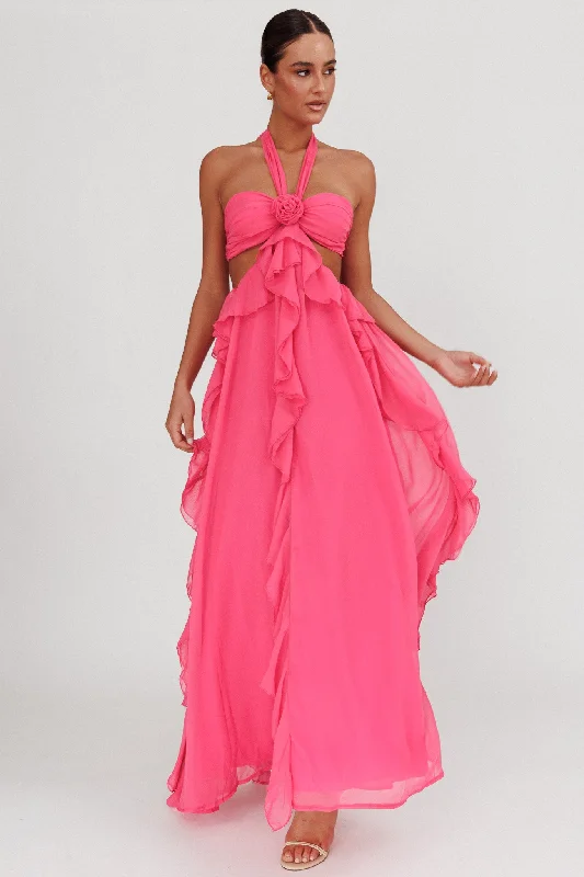 ladies-maxi-dress-sweeping-train-Santiago Cut-Out Ruffle Maxi Dress Fuchsia