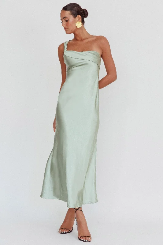 ladies-maxi-dress-plunge-sweep-Carmel One-Shoulder Sash Maxi Dress Sage