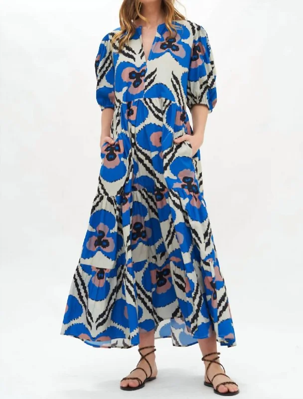 ladies-maxi-dress-curvy-drape-Puff Sleeve Maxi Dress In Patola/cobalt