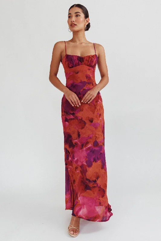 ladies-maxi-dress-floral-cascade-Nerida Low Back Twist Maxi Dress Dark Rose