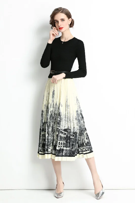 Women's midi dress high low -Black & White Office A-line Crewneck Long Sleeve Printed Skirt Midi Dress