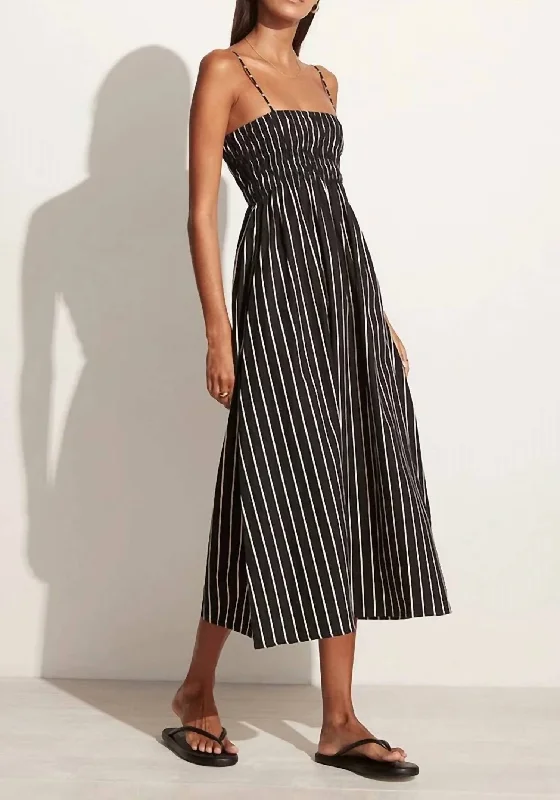 Women's midi dress feminine -Marieka Midi Dress in Adia Stripe Print Black