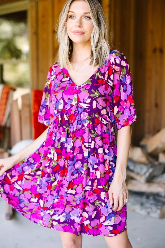 Women's floral dress rose print -Find The Way Magenta Purple Floral Dress