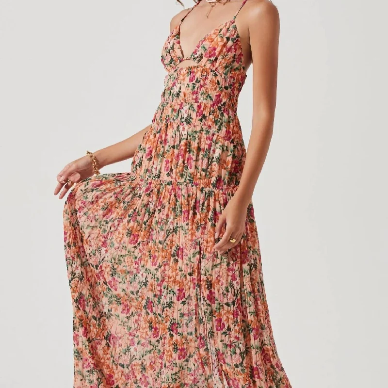 ladies-maxi-dress-magenta-flow-Tropics Plunge Neck Open Back Maxi Dress In Peach Fuchsia Floral