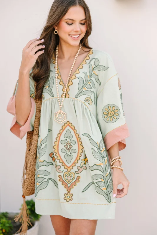 Women's floral dress date night -Just My Type Mint Green Floral Embroidery Babydoll Dress