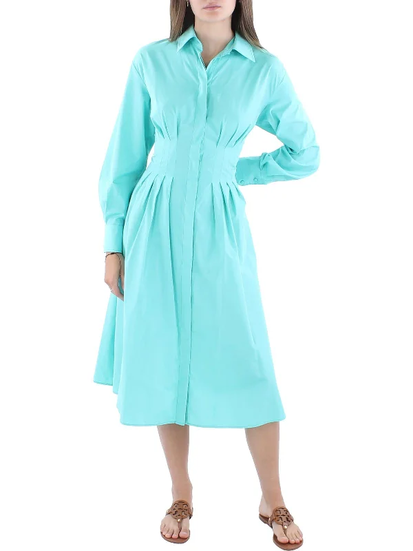 Women's midi dress one shoulder -Womens Pleated Midi Shirtdress