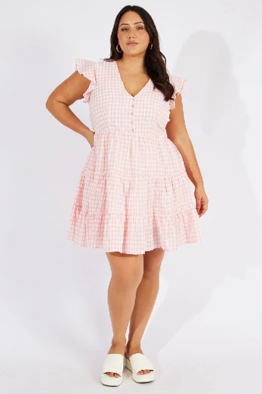 Women's flare dress black -Pink Check Fit And Flare Dress Short Sleeve