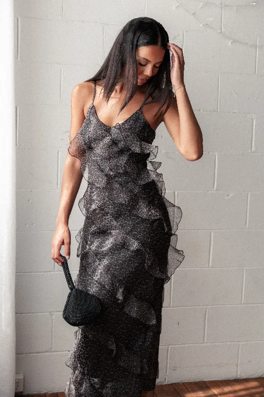 ladies-maxi-dress-leather-luxe-Ciao Ruffles Maxi Dress - Black Leopard