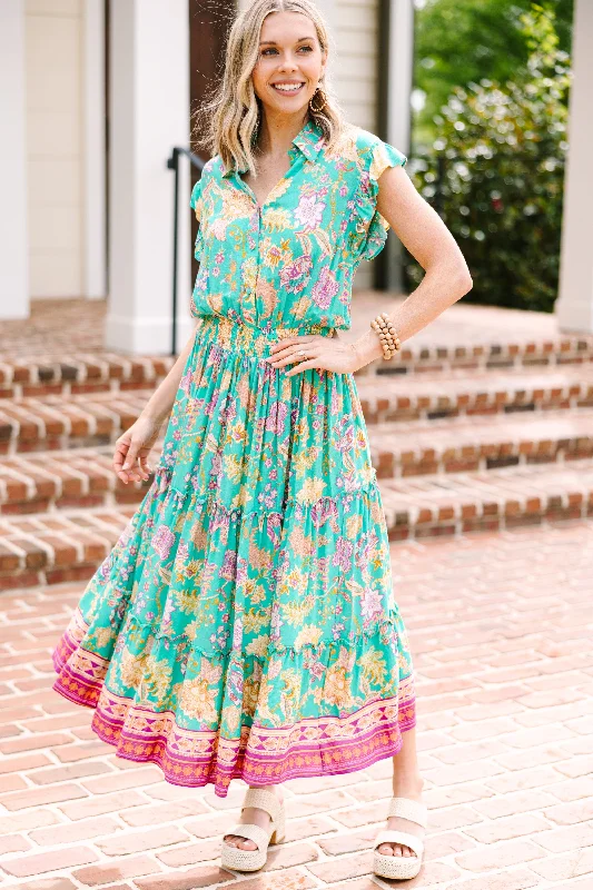 Women's floral dress bold color -Before You Go Jade Green Floral Maxi Dress