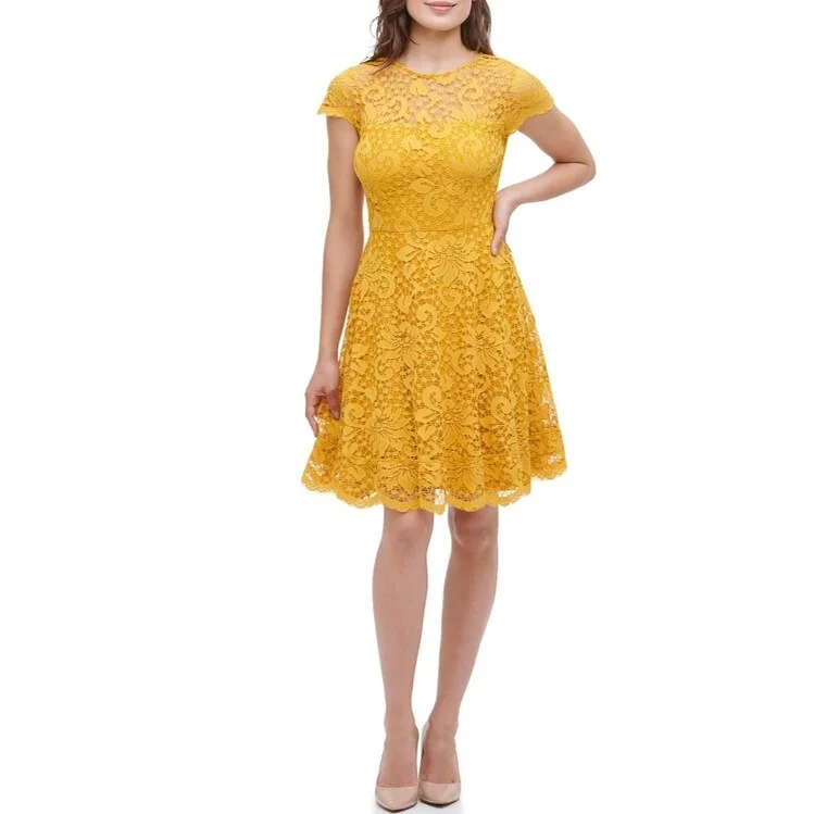 Women's flare dress soft fabric -Kensie Women's Illusion Neck Cap Sleeve Lace Fit & Flare Scallop Hem Dress Golden Size 8 - Yellow