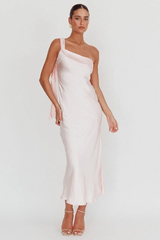 ladies-maxi-dress-girls-night-flow-Carmel One-Shoulder Sash Maxi Dress Blush