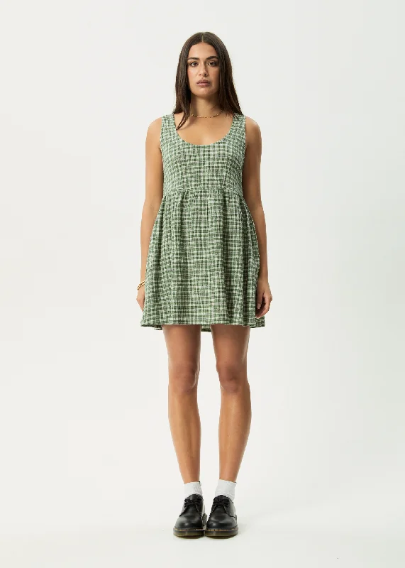 ladies-mini-dress-spring-zest-AFENDS Womens Base Jesse - Seersucker Mini Dress - Deep Green Check