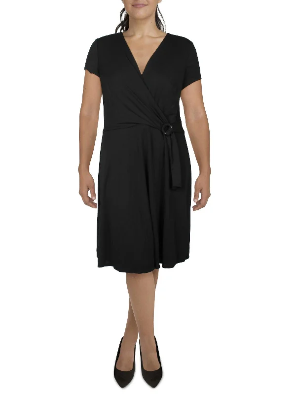 Women's midi dress resort -Womens Midi Faux-Wrap Shift Dress