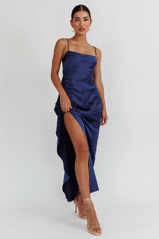 ladies-maxi-dress-gala-flow-Night Swim Satin Leg Slit Maxi Dress Navy