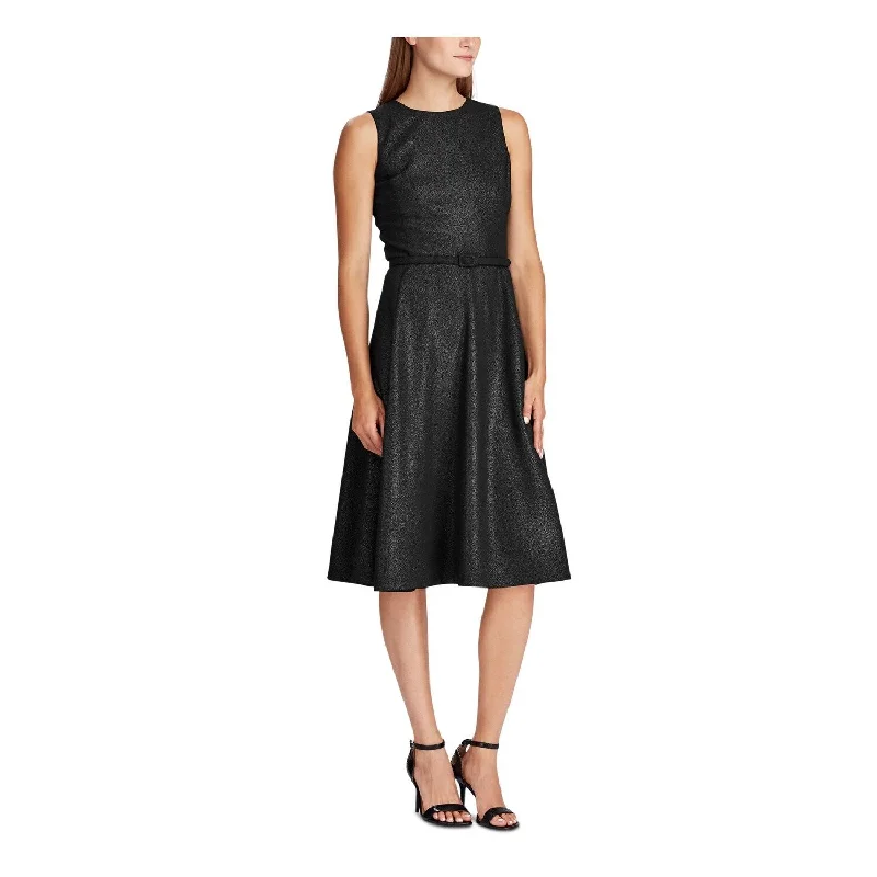 Women's flare dress trendy summer -Ralph Lauren Women's Sleeveless Jewel Neck Below the Knee Evening Fit Flare Dress Black Size 2