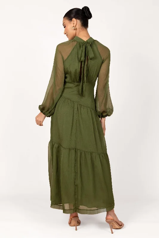 ladies-maxi-dress-spring-bloom-Julip Sheer Long Sleeve Maxi Dress - Olive