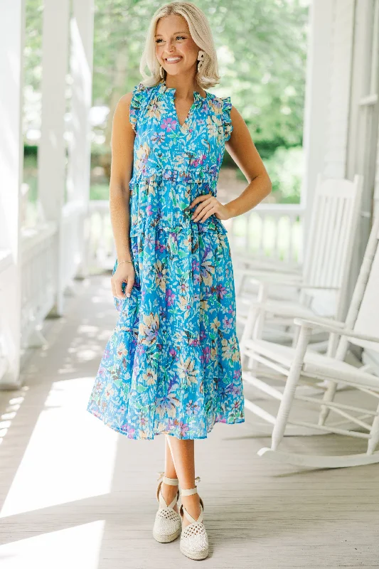 Women's floral dress keyhole -Fate: Start The Day Blue Floral Midi Dress