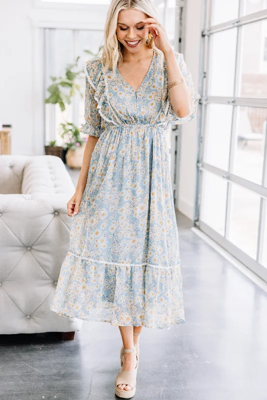 Women's floral dress pink -Just My Type Chambray Blue Floral Midi Dress