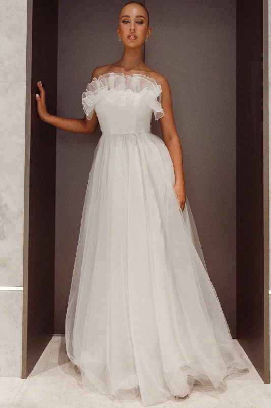 ladies-maxi-dress-sale-sway-Marietha Organza Frill Maxi Wedding Dress White