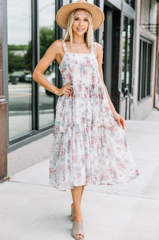 Women's floral dress outdoor -Keep Growing Natural White Floral Midi Dress