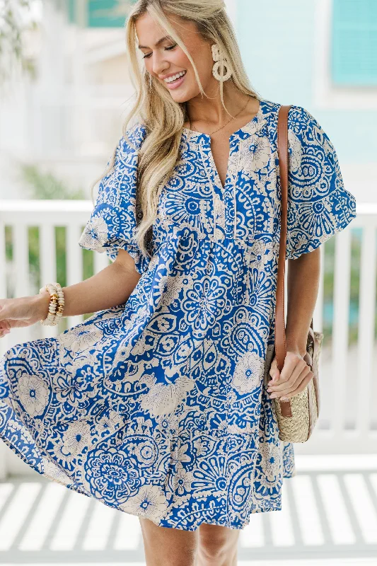 Women's floral dress structured -There You Go Blue Floral Bubble Sleeve Dress