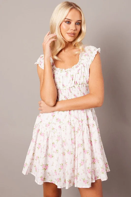 Women's flare dress pearl -White Floral Fit And Flare Dress Puff Sleeve