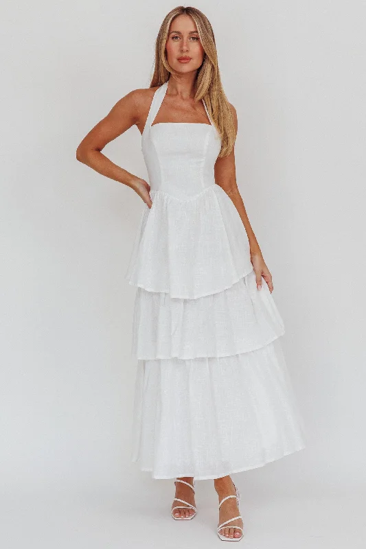 ladies-maxi-dress-ochre-sweep-Shaya Tiered Ruffle Maxi Dress White