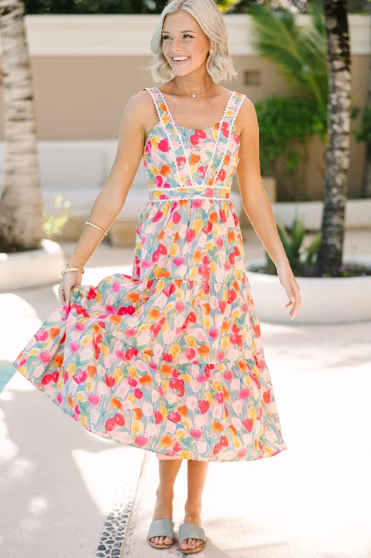 Women's floral dress high neck -Just For You Pink Floral Midi Dress