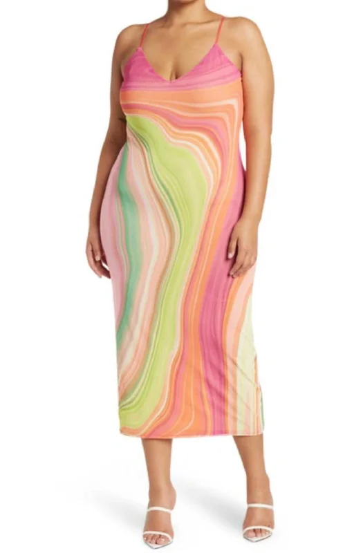 Women's midi dress warm -Amina Power Mesh Midi Slip Dress In Abstract Spring Wave