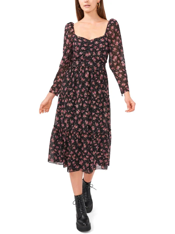 Women's midi dress minimalist -Womens Chiffon Floral Midi Dress