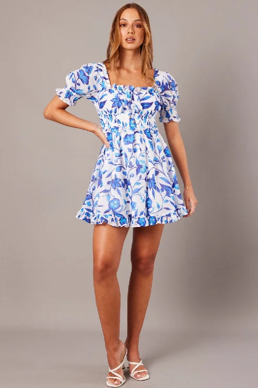 Women's flare dress affordable -Blue Floral Fit And Flare Dress Puff Sleeve