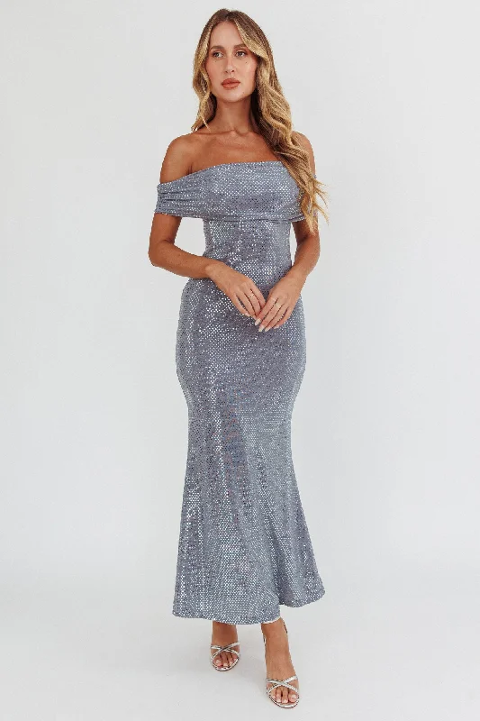 ladies-maxi-dress-blush-sweep-Kailey Off-Shoulder Maxi Dress Spangle Silver